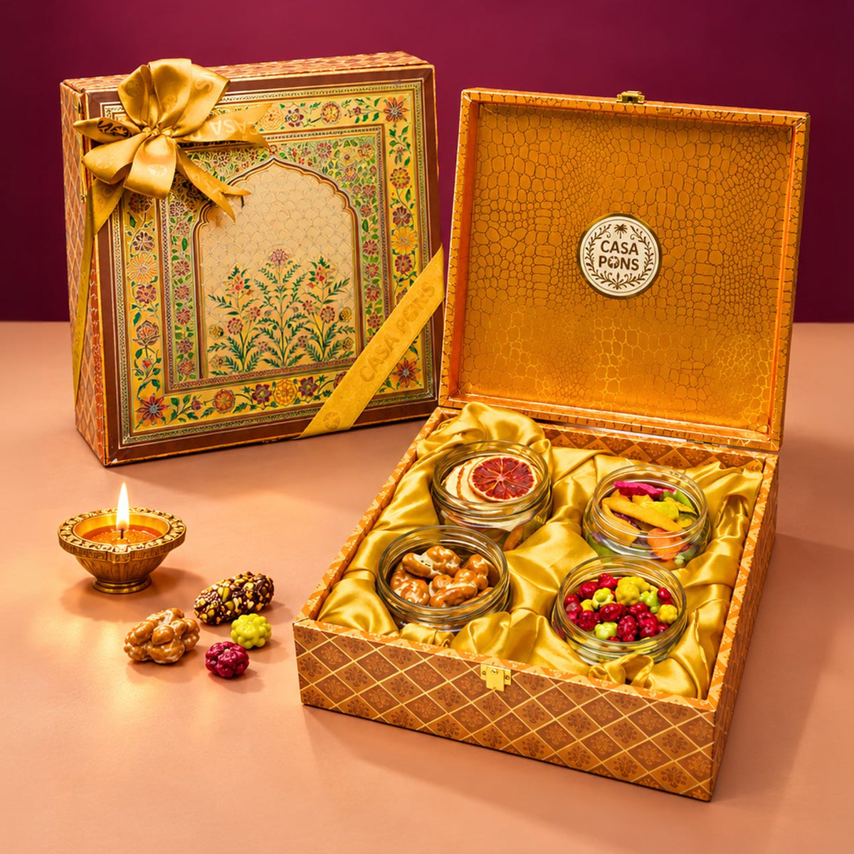 Flower Mural Square Medium Box | Diwali Gift with Pecans, Dragee & Healthy Mixes