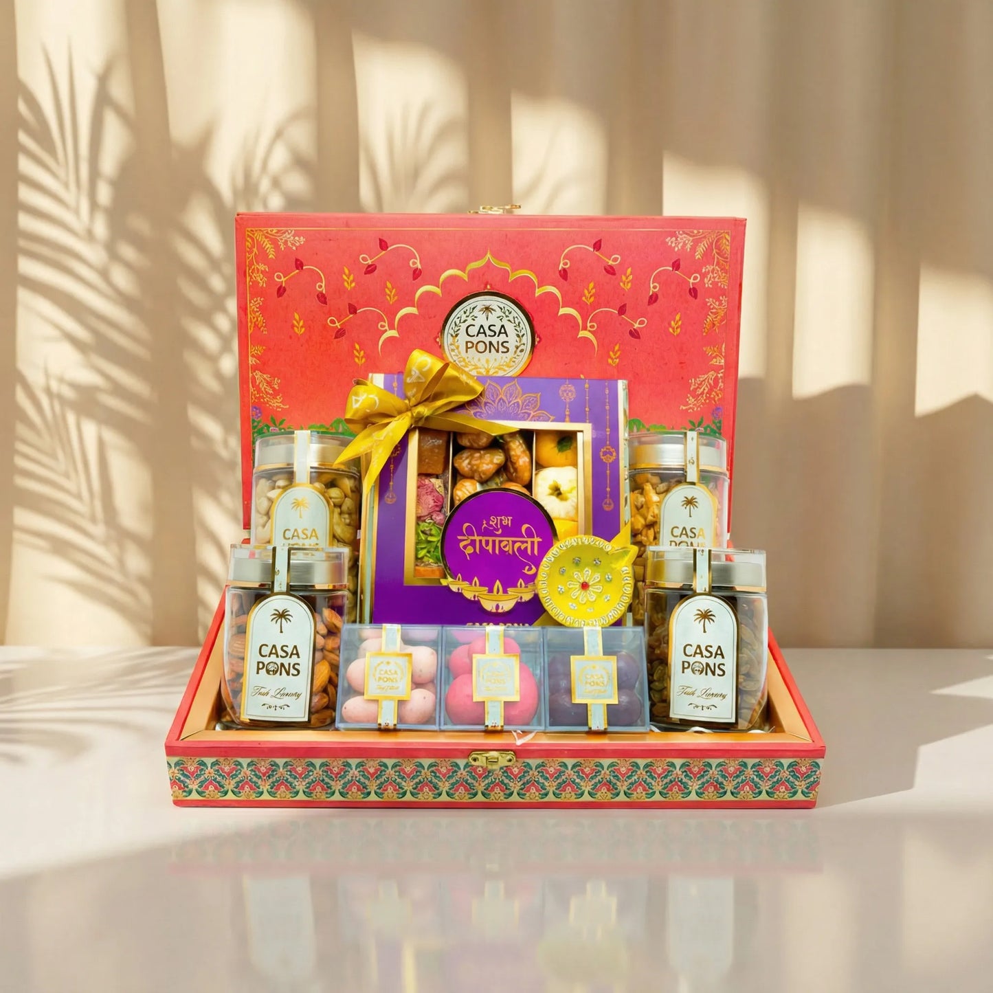 سلة مستطيلة متوسطة الحجم بتصميم فيل فوشيا | هدية ديوالي مع جوز البقان والمكسرات والحلويات