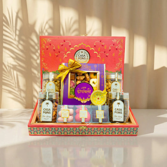 سلة مستطيلة متوسطة الحجم بتصميم فيل فوشيا | هدية ديوالي مع جوز البقان والمكسرات والحلويات