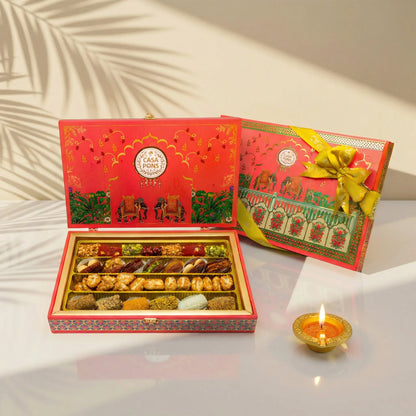 Fushia Elephant Medium Rectangle Box (625g) | Diwali Gift Box with Chocolates, Dates & Nuts