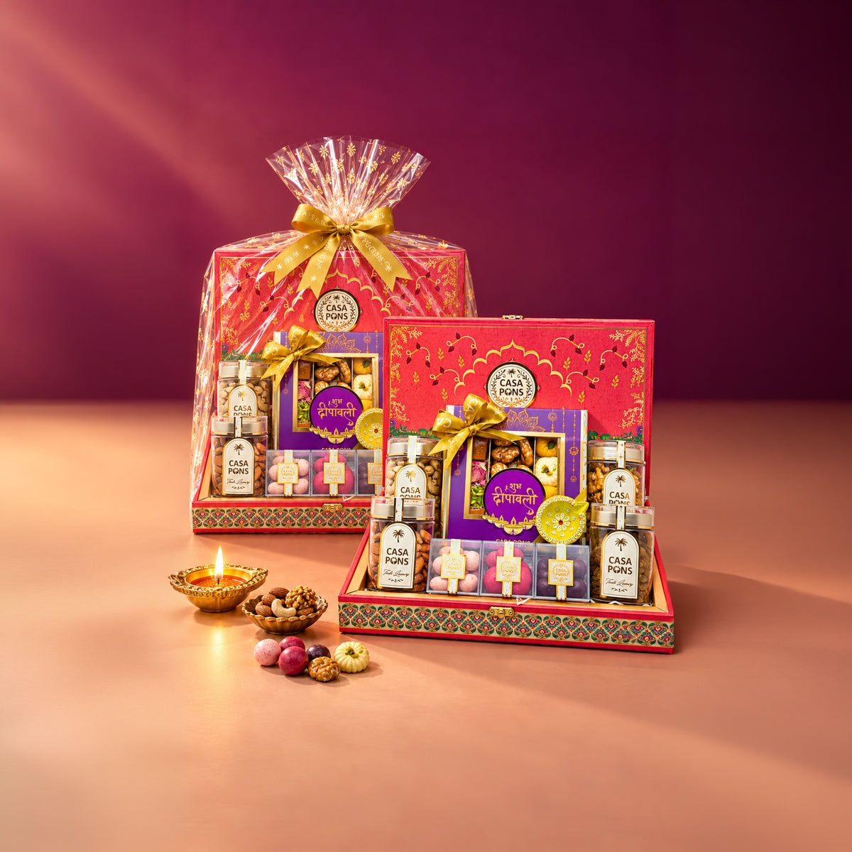Fushia Elephant Medium Rectangle Basket | Diwali Gift with Pecans, Nuts & Sweets