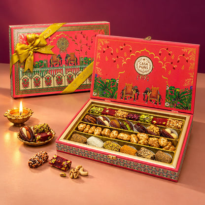 Fushia Elephant Medium Rectangle Box (625g) | Diwali Gift Box with Chocolates, Dates & Nuts