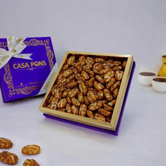 Large Pecan Caramel Gift Box Blue – Casa Pons premium caramel-coated pecans in elegant large gift box