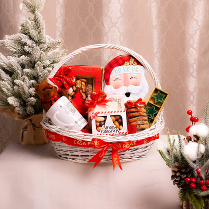 Christmas gift basket with Santa Claus design on a neutral background