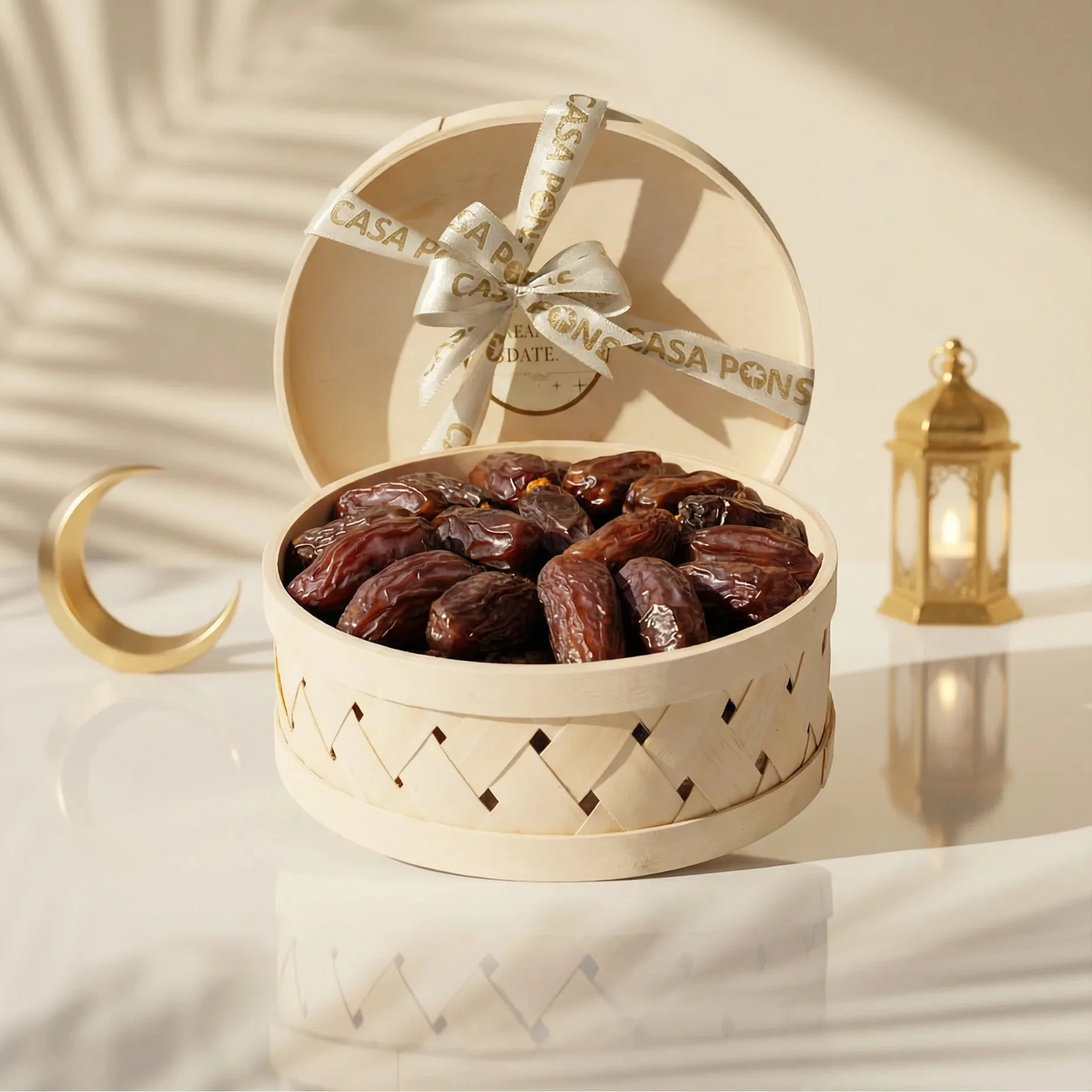 Palm Tree Box Majdool dates in a handwoven round palm leaf box 500 g