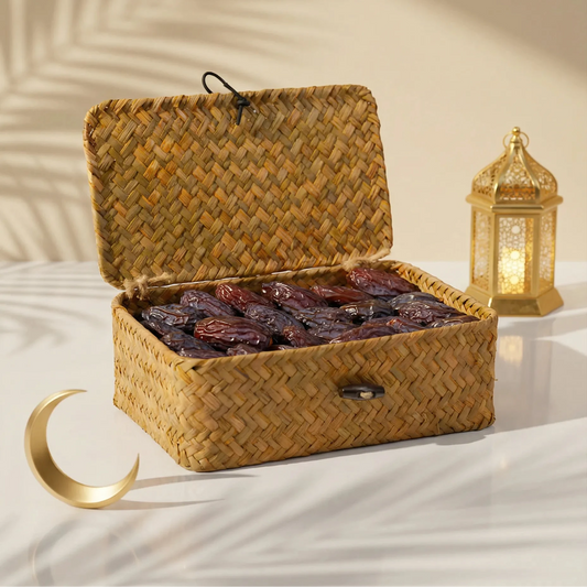 Palm Tree Box Majdool dates in a handwoven rectangular palm leaf box 1 kg
