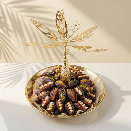 Majdool Dates Palm Platter with premium Majdool dates arranged on an elegant palm inspired serving platter for Ramadan tables