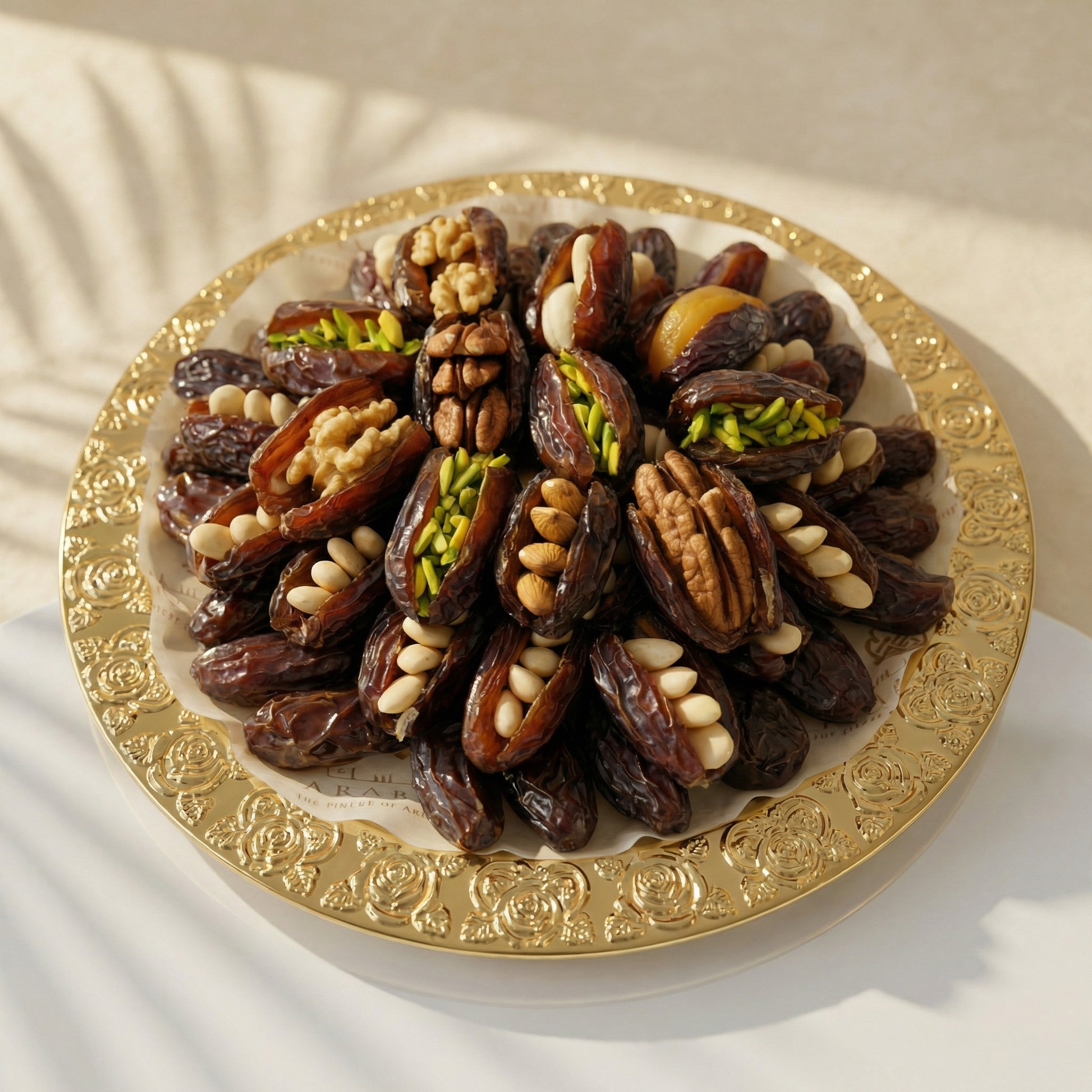Majdool Dates Platter with premium Majdool dates filled with assorted nuts arranged on an elegant serving platter for Ramadan tables