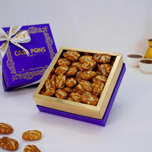 Medium Pecan Caramel Gift Box Blue – Casa Pons premium caramel-coated pecans in elegant packaging