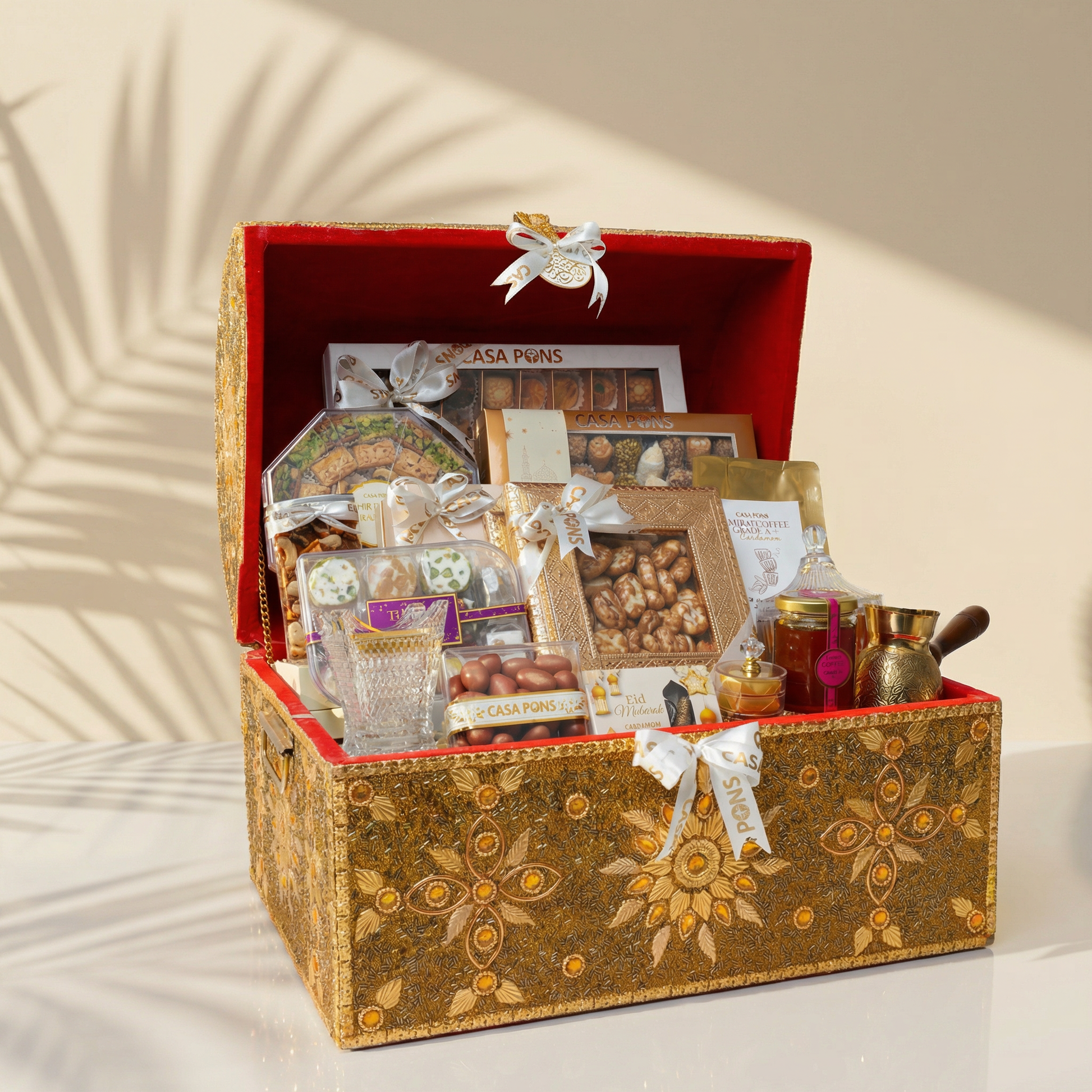 Tresor large luxury Eid gift chest with Arabic sweets baklava pecan caramel honey Turkish coffee tea nuts chocolates and bukhoor burner Dubai