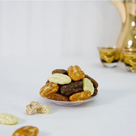Mix coated pecans – dark, milk, white, and caramel chocolate covered pecans in a customizable assortment