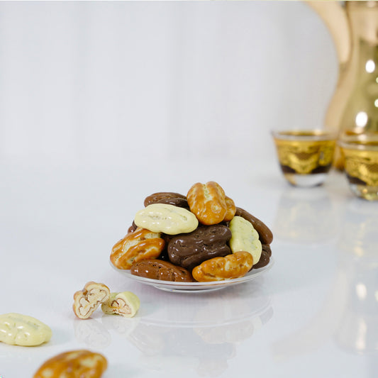 Mix Coated Pecans – Dark, Milk, White & Caramel Chocolate Selection