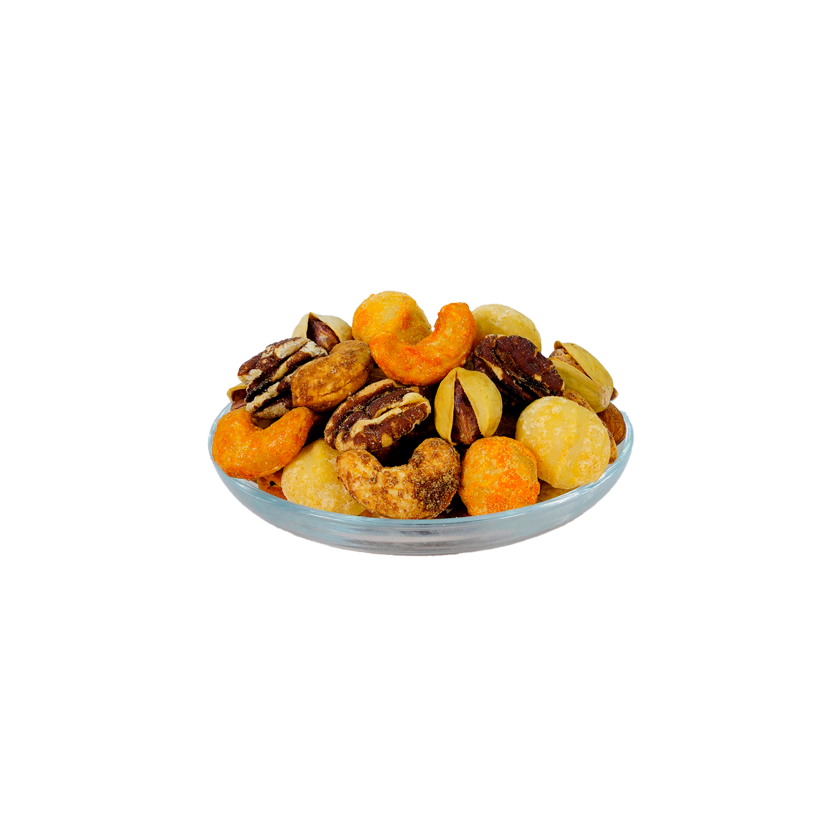 A bowl of mixed nuts and dried fruits against a white background.