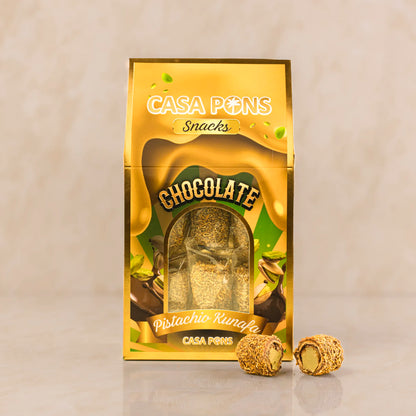 Casa Pons chocolate pistachio rumblr packaging with two rumbles on a beige background