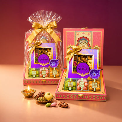 Small Pink Peacock Basket | Diwali Gift Box with Pecans, Sweets & Dragees