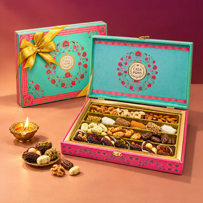 Pink Turquoise Mandela Box (600g) | Diwali Gift Box with Chocolates, Dates & Sweets
