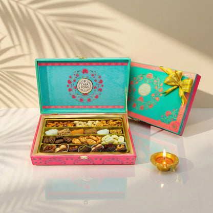 Pink Turquoise Mandela Box (600g) | Diwali Gift Box with Chocolates, Dates & Sweets