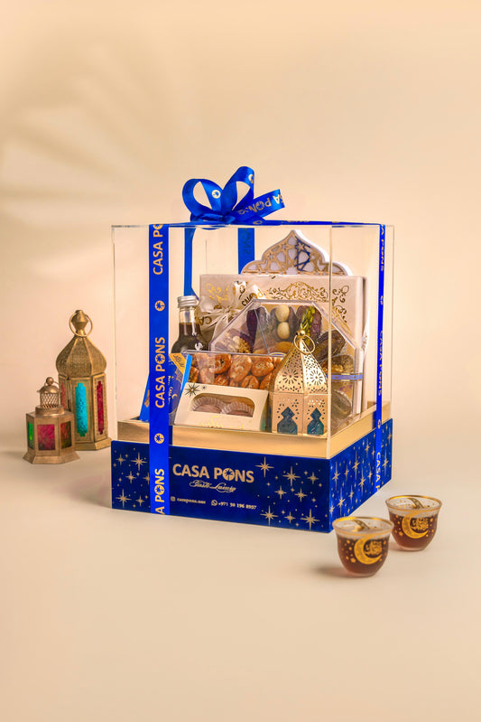 Gift basket with Casa Pons branding on a beige background
