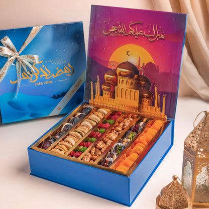 Luxury Ramadan Delights Box with 3D mosque design, filled with premium Majdool dates, stuffed figs, pecan caramel, tamriyah balls, and dried apricots.