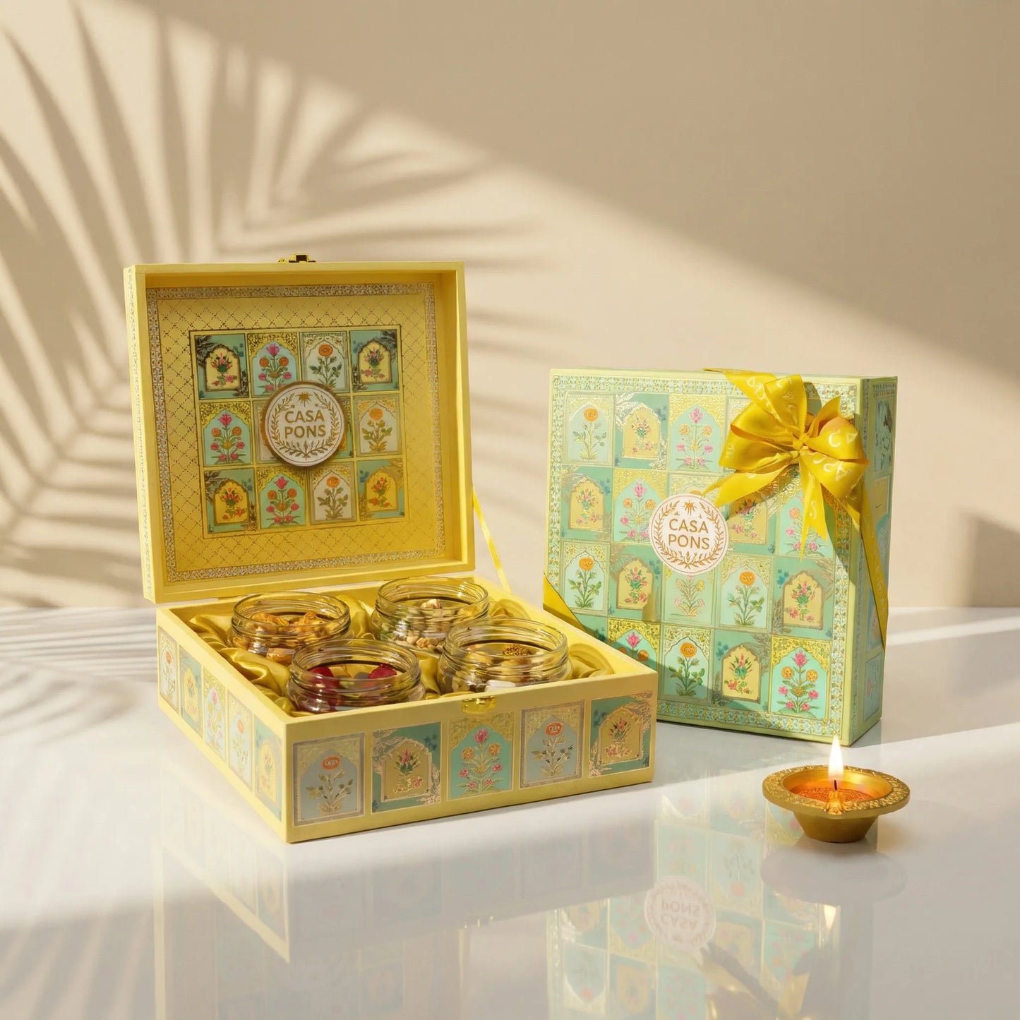 Rose Mural Square Medium Box | Luxury Diwali Gift with Pecans, Dates & Chocolates