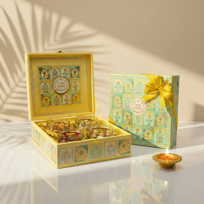 Rose Mural Square Medium Box | Luxury Diwali Gift with Pecans, Dates & Chocolates