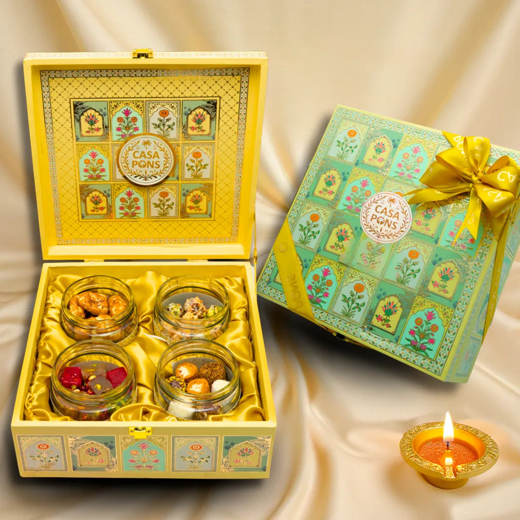 Rose Mural Square Medium Box | Luxury Diwali Gift with Pecans, Dates & Chocolates