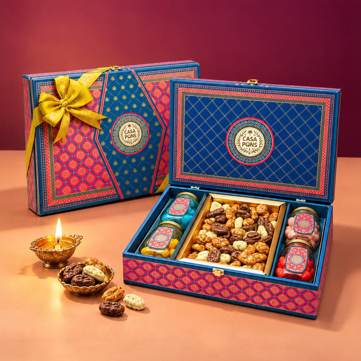 Royal Blue Pink Print Medium Box | Luxury Pecan Caramel & Dragee Gift