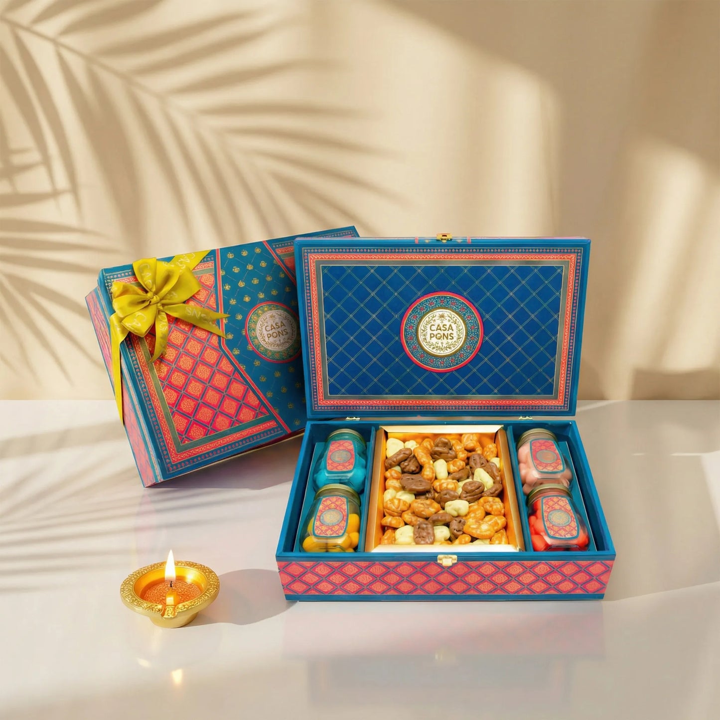 Royal Blue Pink Print Medium Box | Luxury Pecan Caramel & Dragee Gift