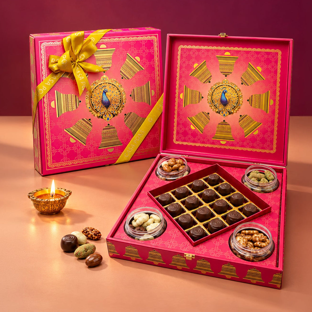 Royal Pink Peacock Large Box | Truffles, Pecan Caramel & Dragees