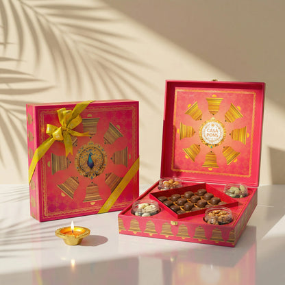 Royal Pink Peacock Large Box | Truffles, Pecan Caramel & Dragees