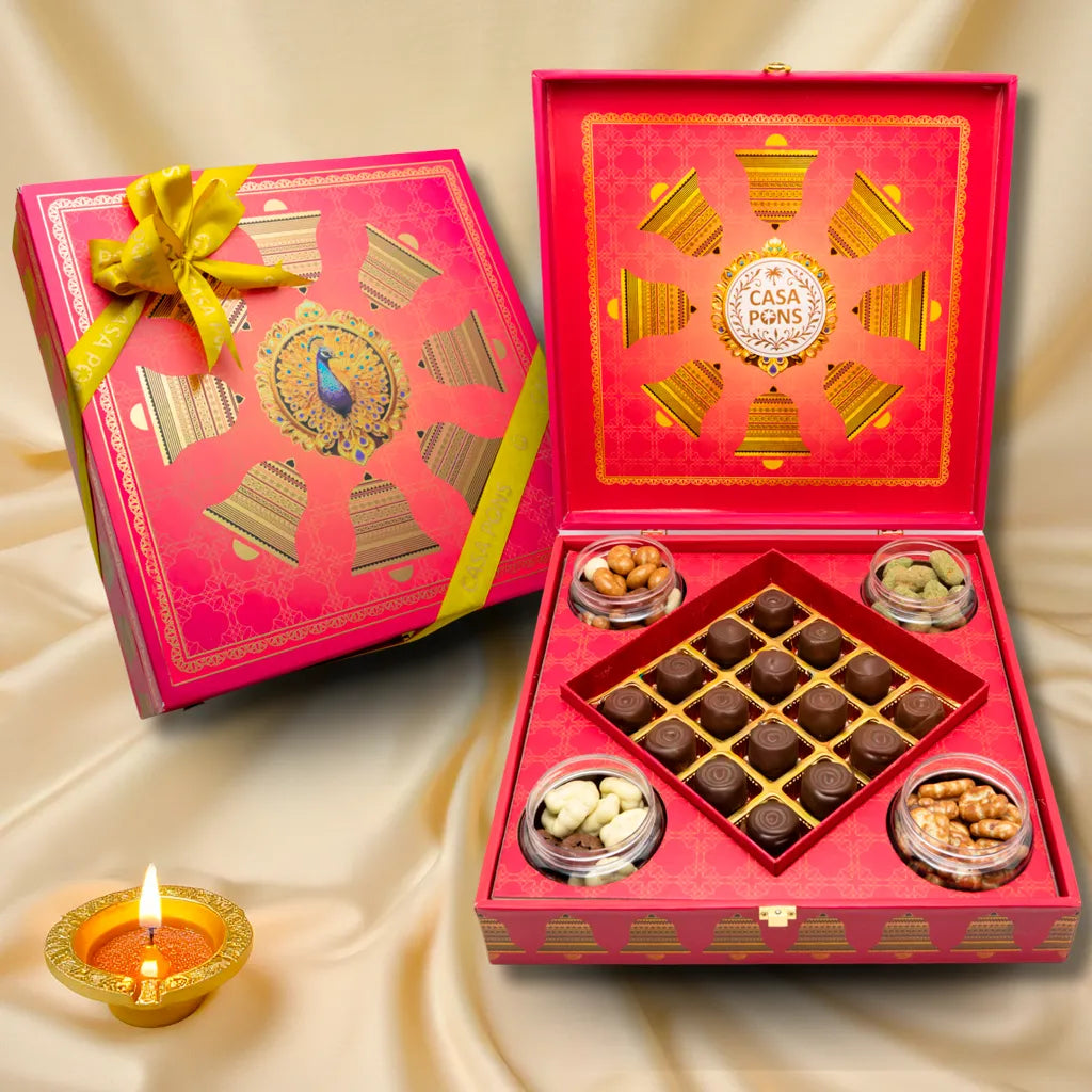 Royal Pink Peacock Large Box | Truffles, Pecan Caramel & Dragees