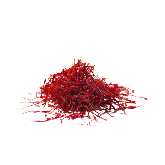 A bunch of fresh saffron on a white background.