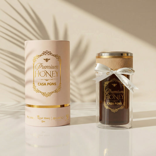 Two honey jars with 'Premium Honey Casa Pons' branding on a neutral background