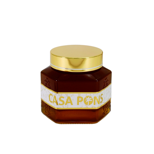 Jar of Casa Pons honey with a gold lid on a white background