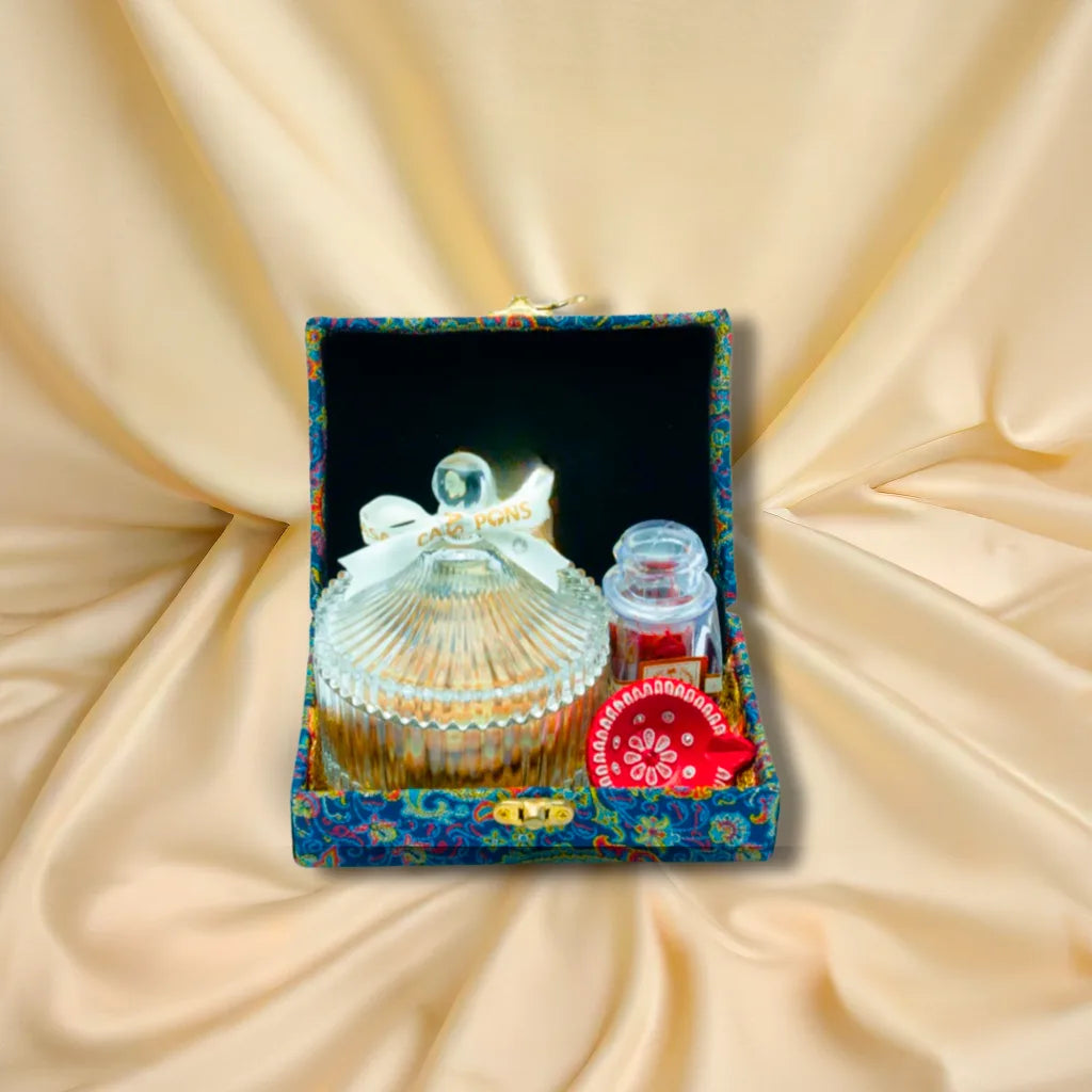 Small Diwali Giveaway Crystal gift box with pecan caramel jar, saffron, and diya in handcrafted Indian packaging – festive and corporate Diwali gift in the UAE.