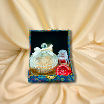 Small Diwali Giveaway Crystal gift box with pecan caramel jar, saffron, and diya in handcrafted Indian packaging – festive and corporate Diwali gift in the UAE.