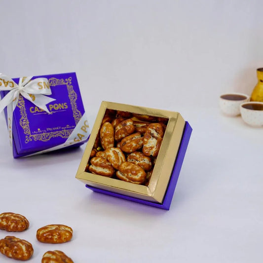 Small Pecan Caramel Gift Box Blue – Casa Pons caramel-coated pecans in elegant packaging