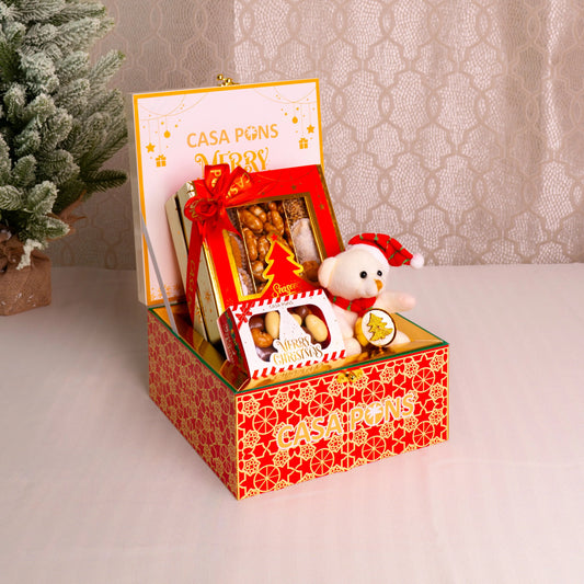 Decorative gift box with a teddy bear and photo frame on a neutral background