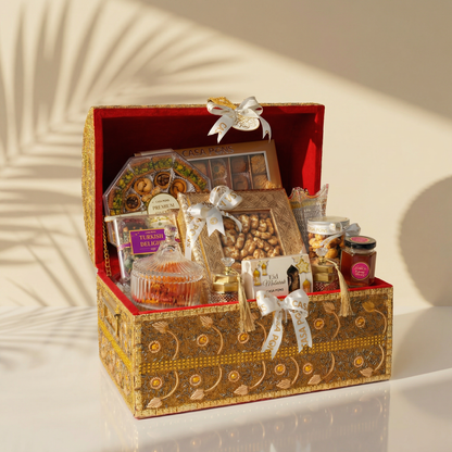 Tresor small luxury gift chest with Arabic sweets baklava Turkish delight pecan caramel honey nuts chocolates and crystal oud burner