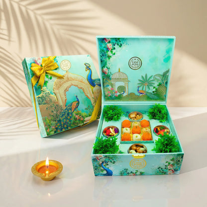 VIP Peacock Extra Large Box | Indian Sweets, Pecan Caramel, Dehydrated Vegetables & Freeze-Dried Fruits