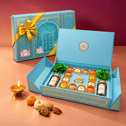VIP Royal Blue Rectangle Large Box | Indian Sweets, Pecan Caramel & Dragee