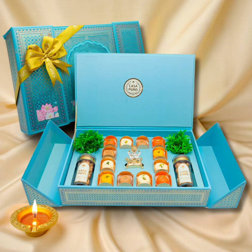 VIP Royal Blue Rectangle Large Box | Indian Sweets, Pecan Caramel & Dragee