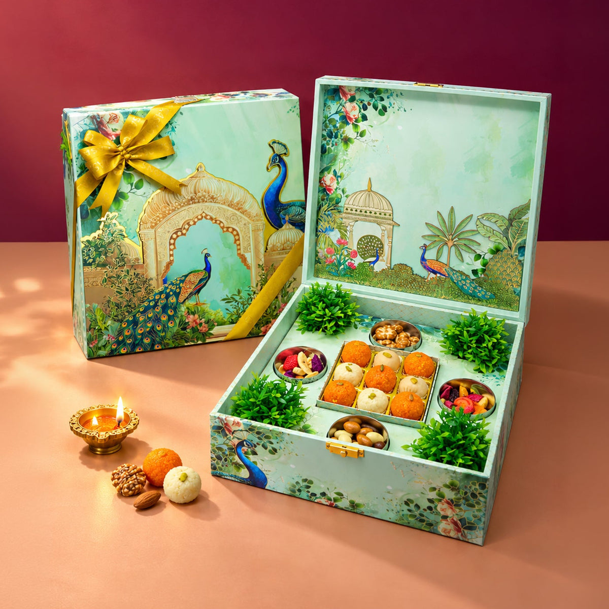 VIP Peacock Extra Large Box | Indian Sweets, Pecan Caramel, Dehydrated Vegetables & Freeze-Dried Fruits