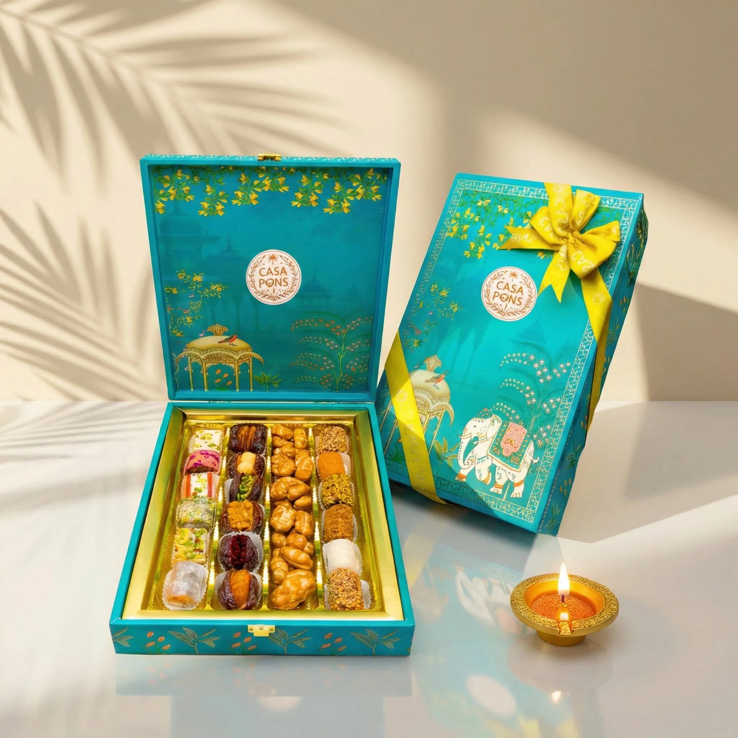 Vertical Turquoise Elephant Box | Diwali Gift with Chocolates, Dates & Oriental Sweets