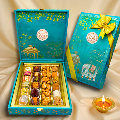 Vertical Turquoise Elephant Box | Diwali Gift with Chocolates, Dates & Oriental Sweets