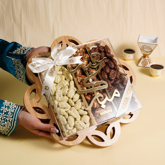 Flower-shaped wooden tray with assorted chocolate pecans – luxury gift tray