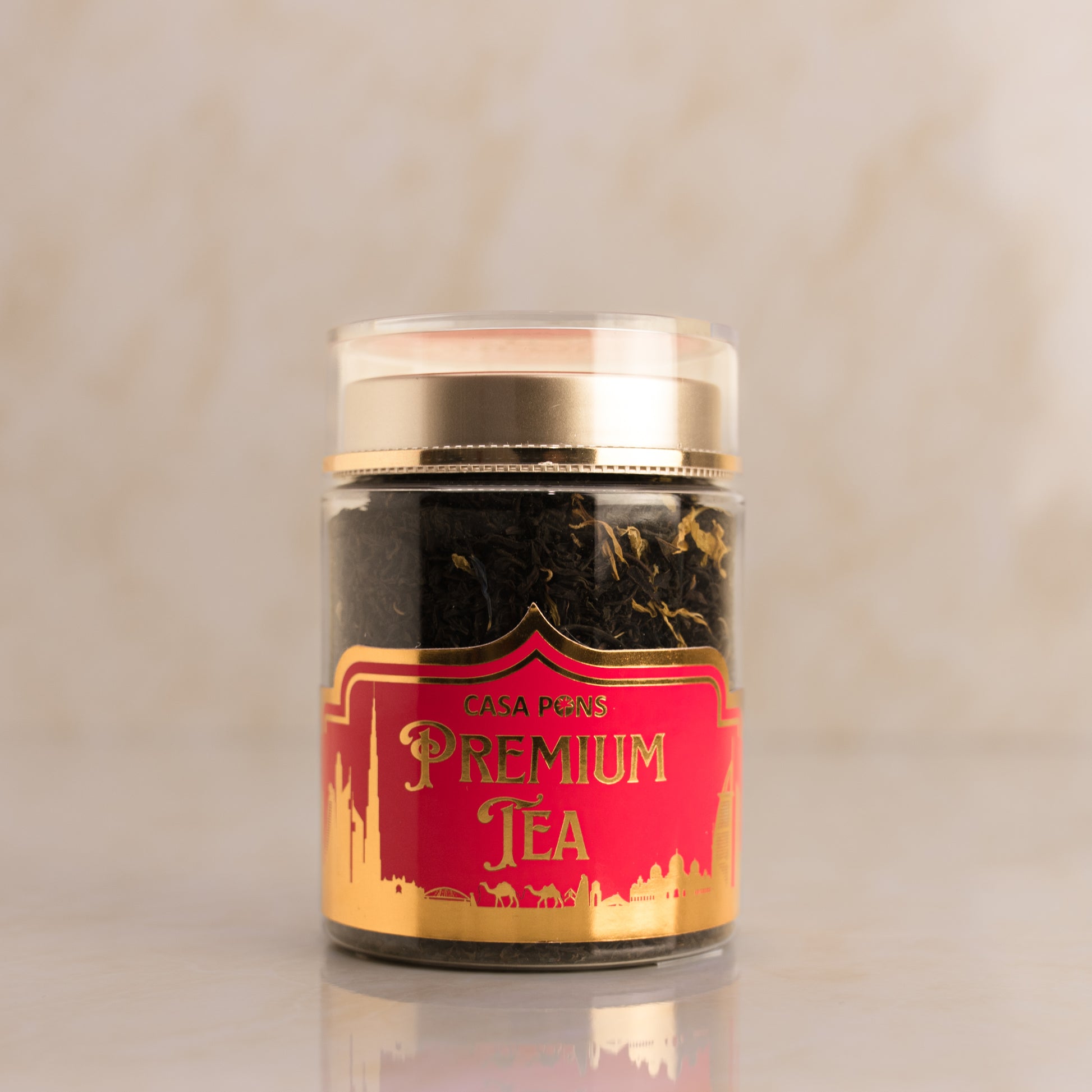 Jar of Casa Paris Premium Tea on a beige background
