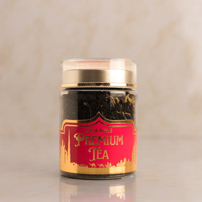 Jar of Casa Paris Premium Tea on a beige background