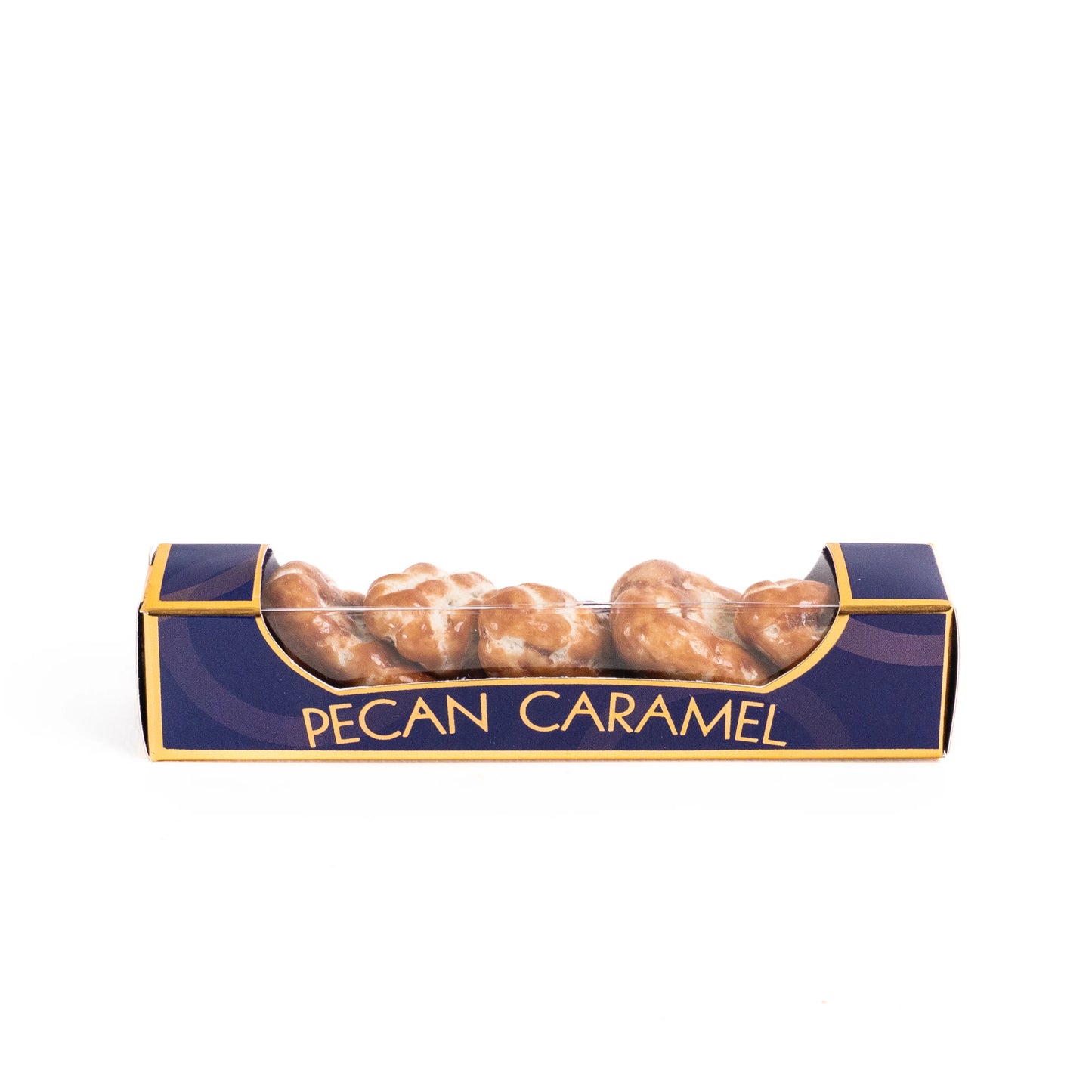 Box of pecan caramel treats on a white background