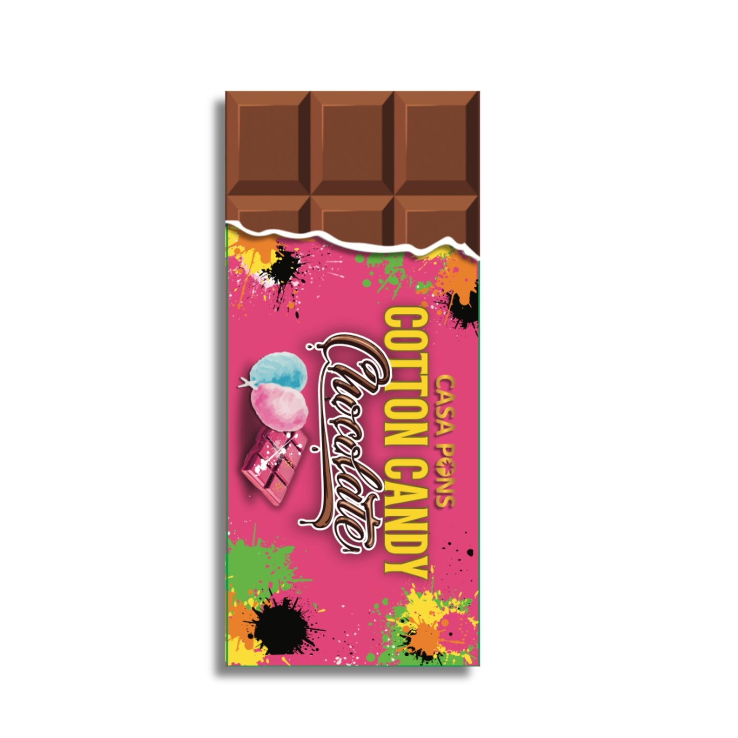 Chocolate bar packaging with colorful design and 'Cotton Candy' text on a white background